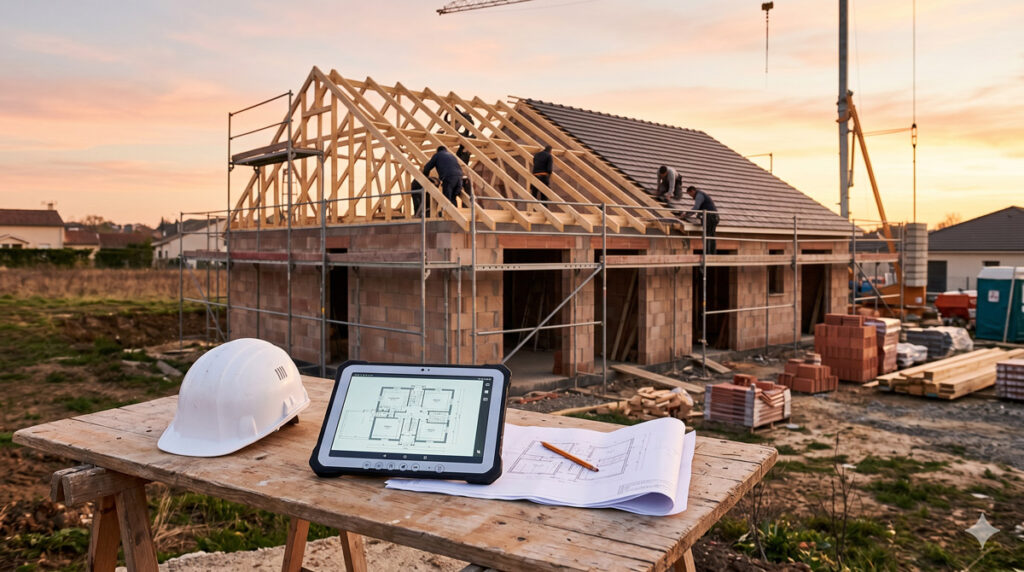 Constructeur clé en main supervisant un chantier de maison individuelle